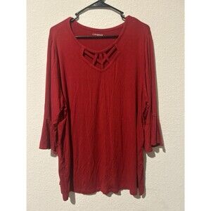 Catherines Red Top Size 1X Bell 3/4 Sleeve Cutout Neck Popover